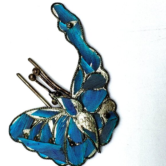 Vtg Kingfisher Blue Feather Butterfly Pin Brooch Hair Comb Piece Decor Coral #12 - Picture 2 of 5
